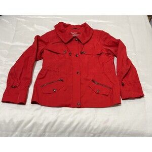 Guess Red Jacket Moto Coat Lined Metallic Zippers Women’s XL EUC